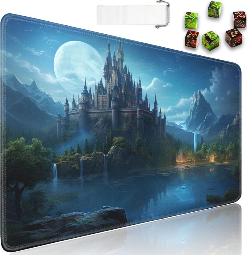 JVGFYNKL for MTG Playmat + Drawstring Travel Pouch + 6 Dice Counter, for Tabletop Trading Card Game Playmats or Large Mouse Pad, Anti-Slip Rubber 24 x 14 in, Castle Forest for TCG Playmat - Image 1